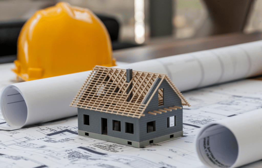 Image of a toy house sitting on top of a house design, next to a hard hat